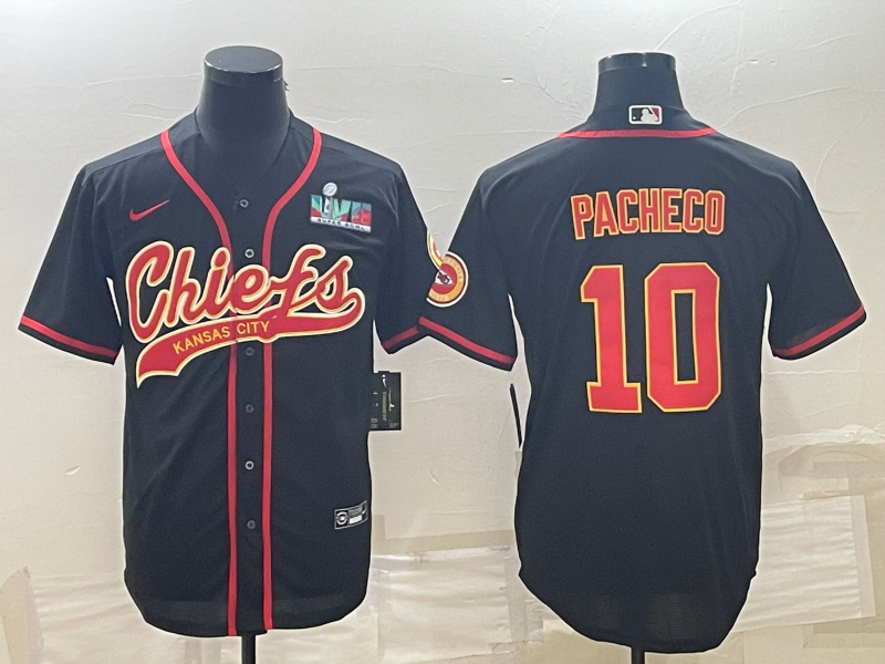 Men's Kansas City Chiefs #10 Isiah Pacheco Black With Super Bowl LVII Patch Cool Base Stitched Baseball Jersey Men's Kansas City Chiefs #10 Isiah Pacheco Black With Super Bowl LVII Patch Cool Base Stitched Baseball Jersey